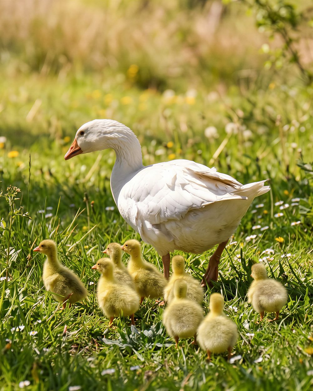 Gans mit ihren Küken auf einer Frühlingswiese
